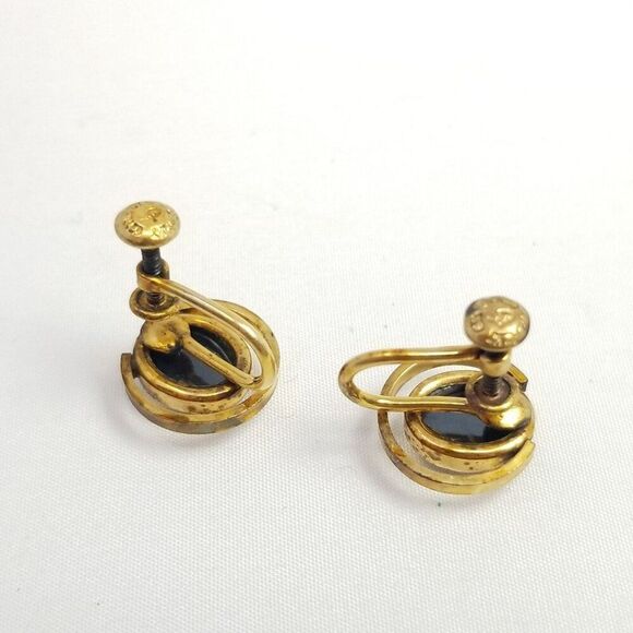 Vintage Yellow Gold Filled Oval Dark Gray Rhinestone Clip On Screw Back Earrings - Picture 4 of 11